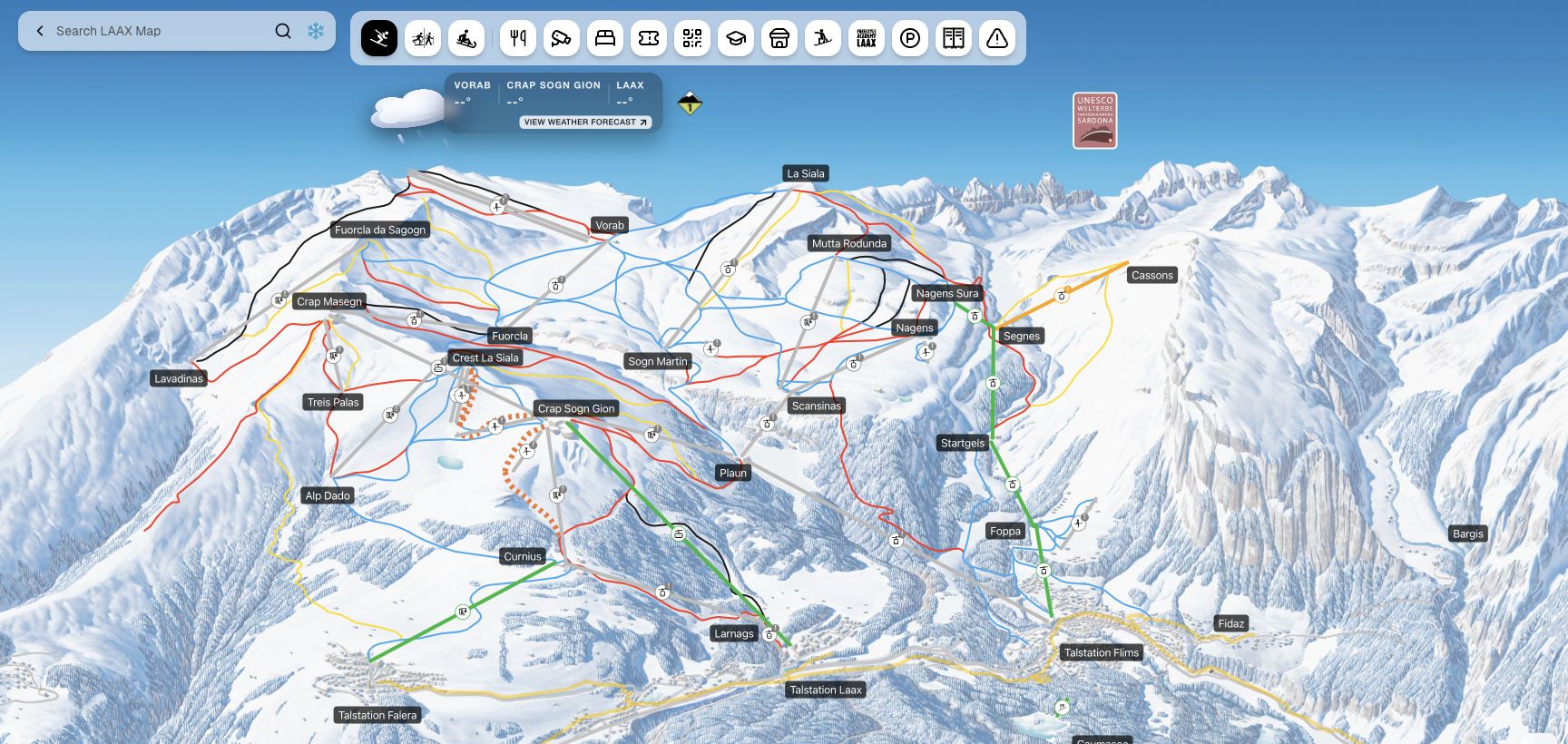 LAAX winter demo: illustrated mountains with lift and trail routes, place labels, search and map filters